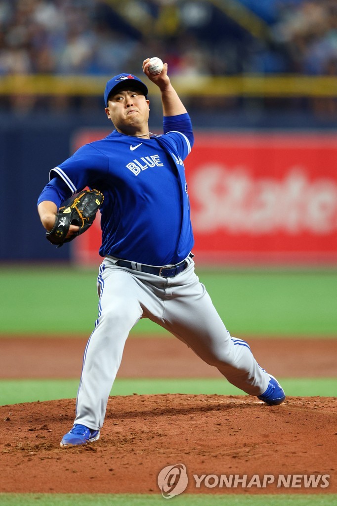 In this USA Today Sports photo via Reuters from May 14, 2022, Ryu Hyun-jin of the Toronto Blue Jays pitches against the Tampa Bay Rays during the bottom of the second inning of a Major League Baseball regular season game at Tropicana Field in St. Petersburg, Florida. (Yonhap)