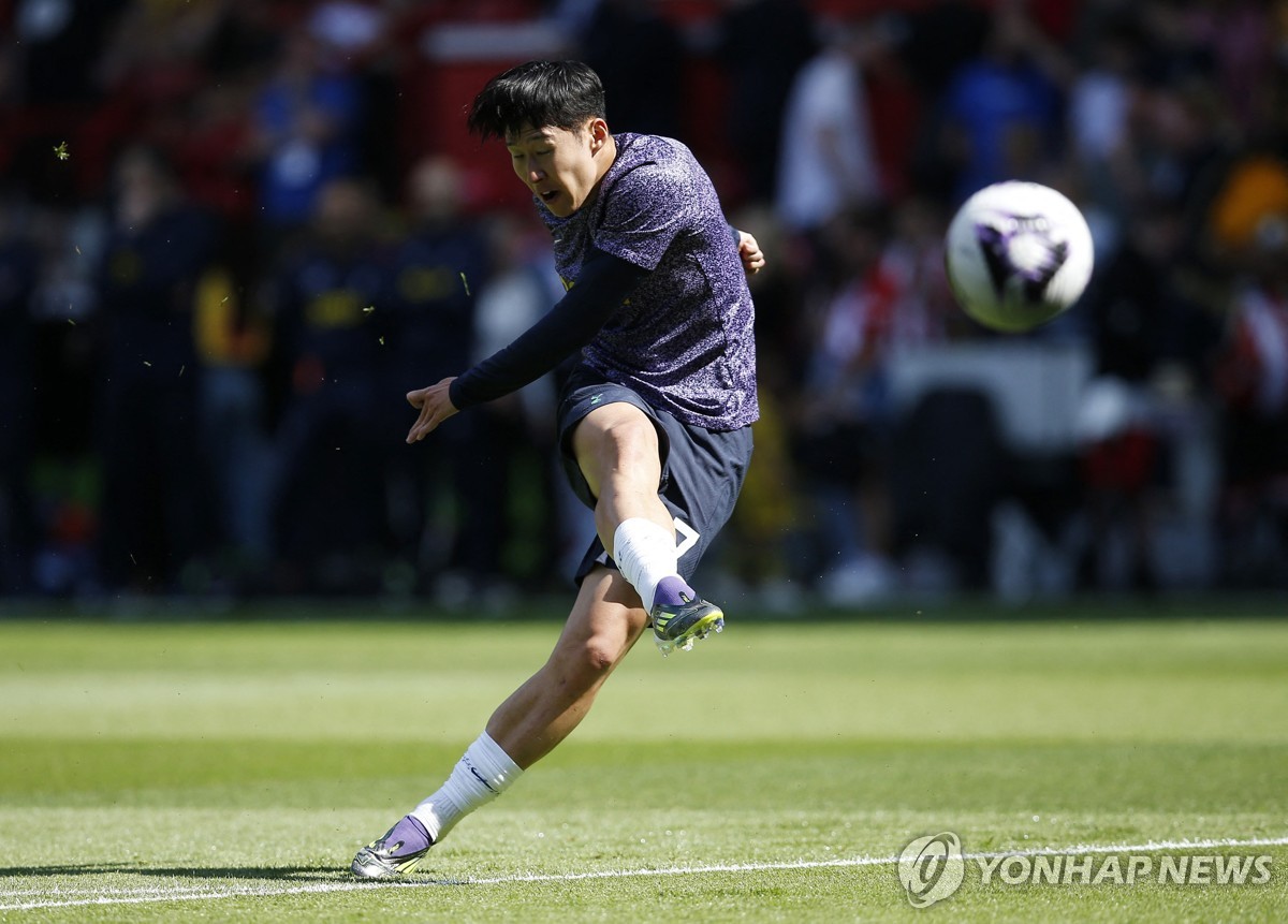 In this Action Images photo via Reuters, Son Heung-min of Tottenham Hotspur takes a shot against Sheffield United during the clubs' Premier League match at Bramall Lane in Sheffield, England, on May 19, 2024. (Yonhap)