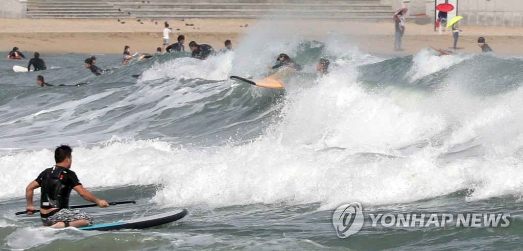 송정해수욕장 파도를 즐기는 서핑동호인들