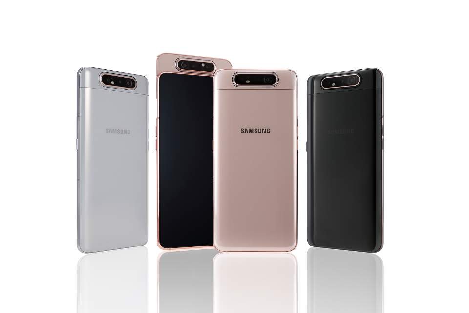 This photo provided by Samsung Electronics Co. shows Galaxy A80 smartphones. (PHOTO NOT FOR SALE) (Yonhap)