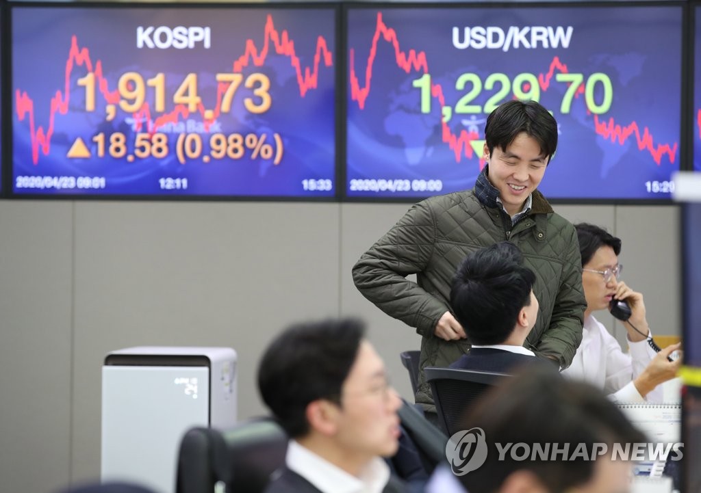 An electronic signboard at KEB Hana Bank in central Seoul shows the benchmark Korea Composite Stock Price Index (KOSPI) up 0.98 percent to close at 1,914.73 points on April 23, 2020. (Yonhap)