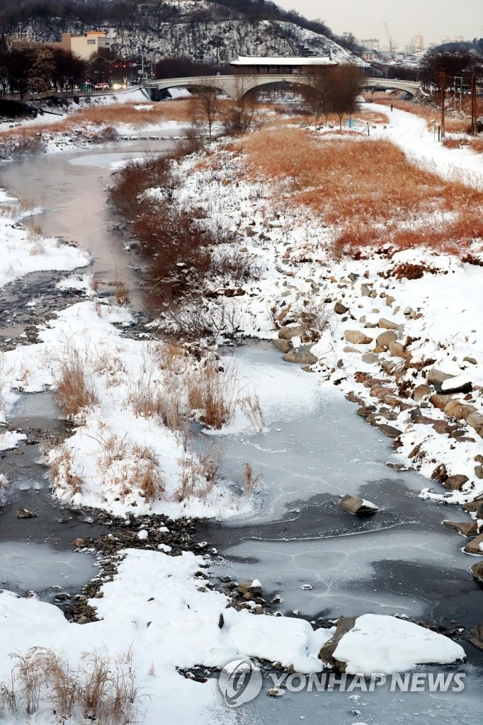 This photo, taken on Jan. 8, 2021, shows a frozen stream in Jeonju, a city in South Korea's southwestern province of North Jeolla, as South Korea is gripped by a cold wave, with the mercury dropping to an intraday low of minus 15.8 C in the region. (Yonhap)