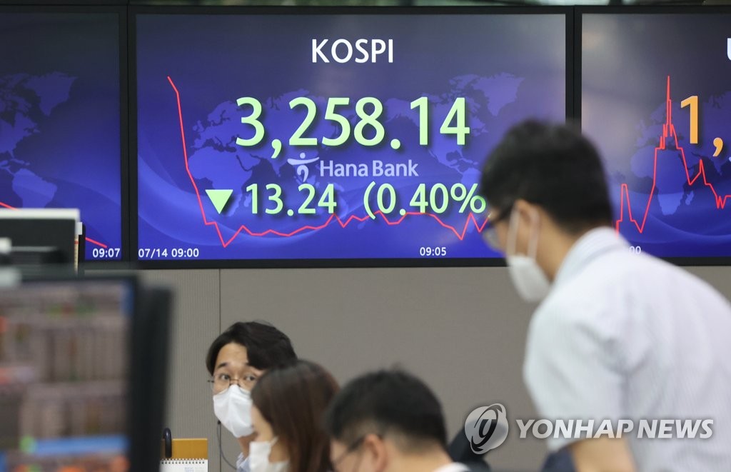Electronic signboards at a Hana Bank dealing room in Seoul show the country's main stock index trading lower after the market opened on July 14, 2021. (Yonhap)