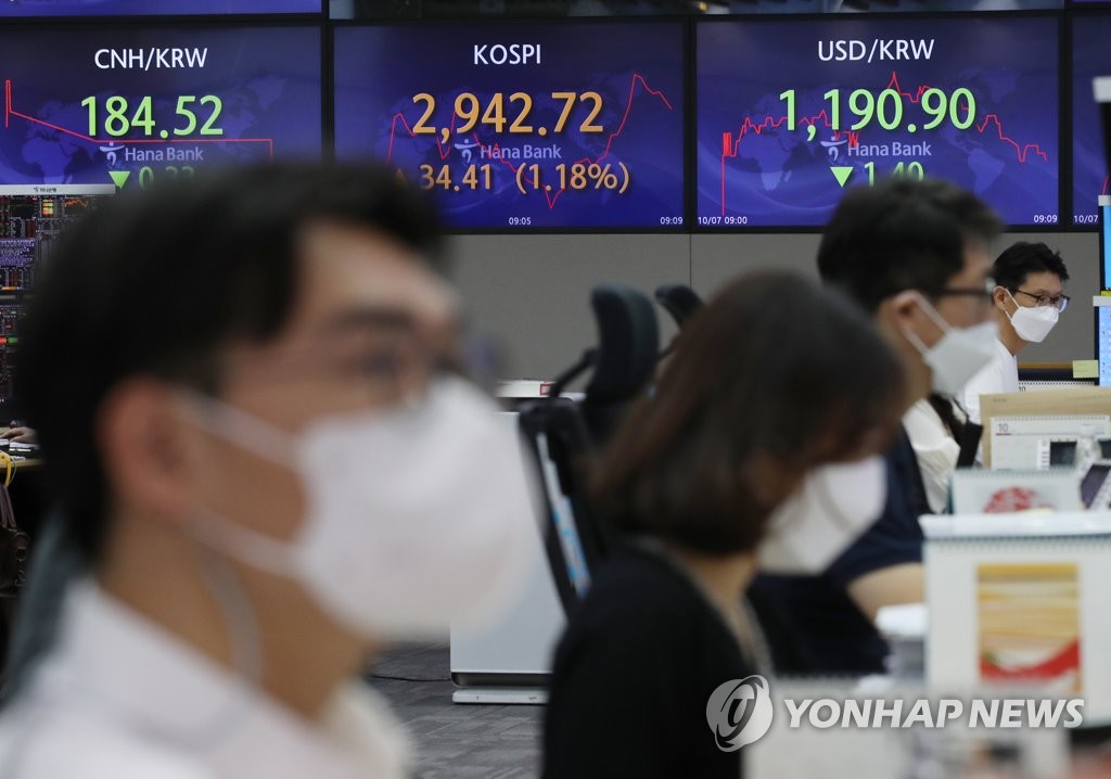 A signboard at a dealing room of Hana Bank in Seoul shows that the KOSPI benchmark stock index started higher on Oct. 7, 2021. (Yonhap)