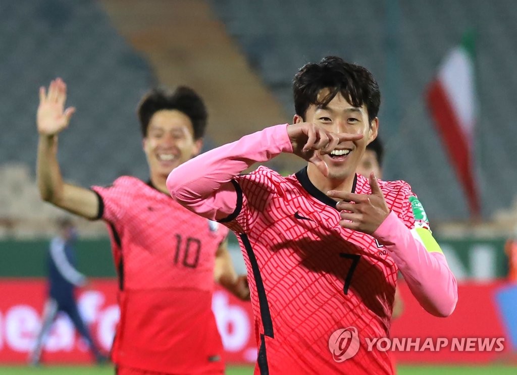 In this file photo from Oct. 12, 2021, Son Heung-min of South Korea celebrates his goal against Iran during the teams' Group A match in the final Asian qualifying round for the 2022 FIFA World Cup at Azadi Stadium in Tehran. (Yonhap)