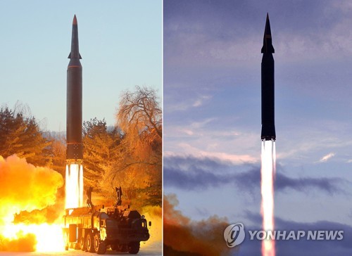 左の写真は５日に発射されたミサイル、右は昨年９月２８日に発射されたミサイルで、弾頭部の形がやや異なるように見える（資料写真）＝（朝鮮中央通信＝聯合ニュース）≪転載・転用禁止≫