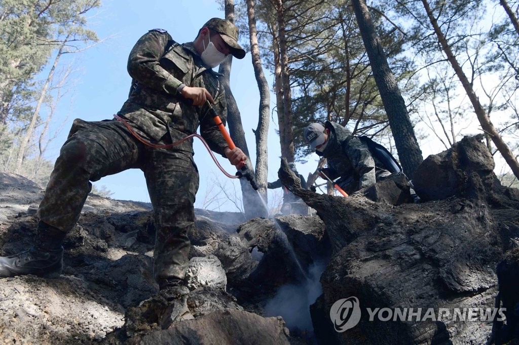 Service members put out a wildfire in Donghae, 279 kilometers east of Seoul on March 6, 2022, in this photo released by the Navy. (PHOTO NOT FOR SALE) (Yonhap)