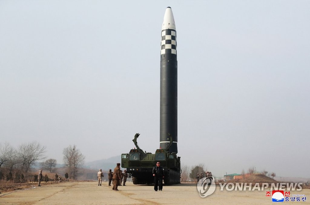 This photo, released by the North's official Korean Central News Agency on March 25, 2022, shows North Korea's Hwasong-17 intercontinental ballistic missile (ICBM). (For Use Only in the Republic of Korea. No Redistribution) (Yonhap)