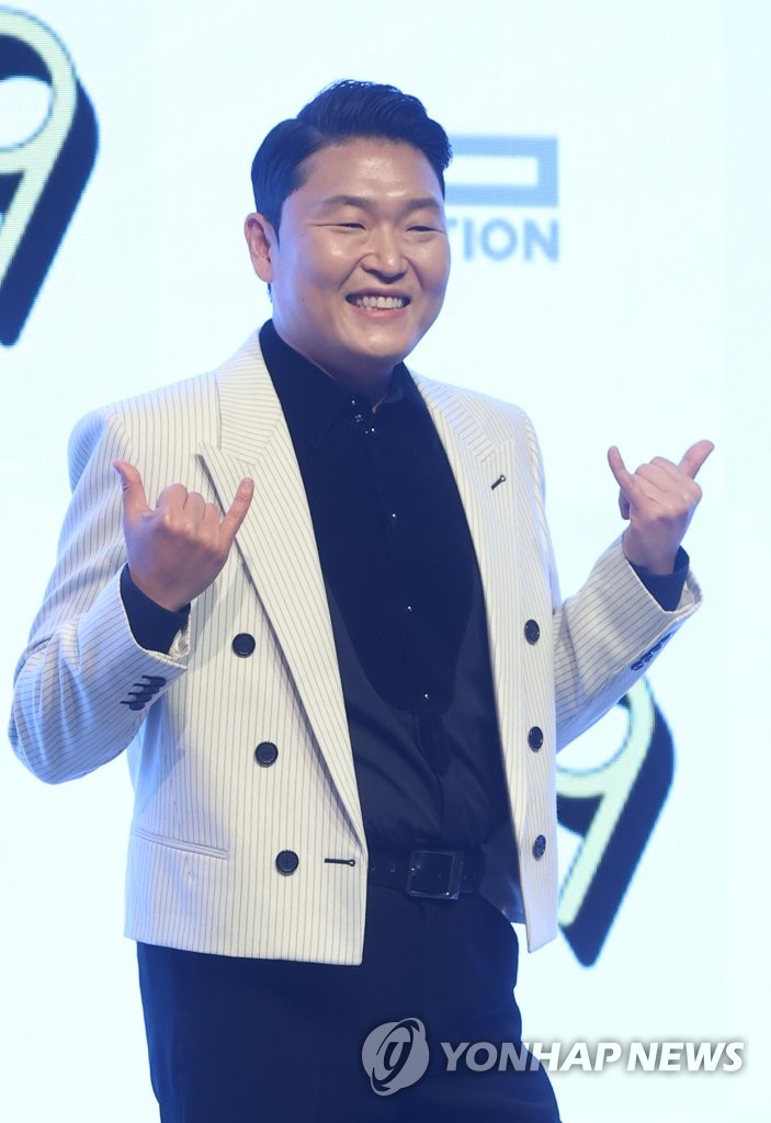South Korean singer Psy poses for a photo during a publicity event in Seoul on April 29, 2022, to unveil his ninth full-length studio album titled "Psy 9th." (Yonhap)
