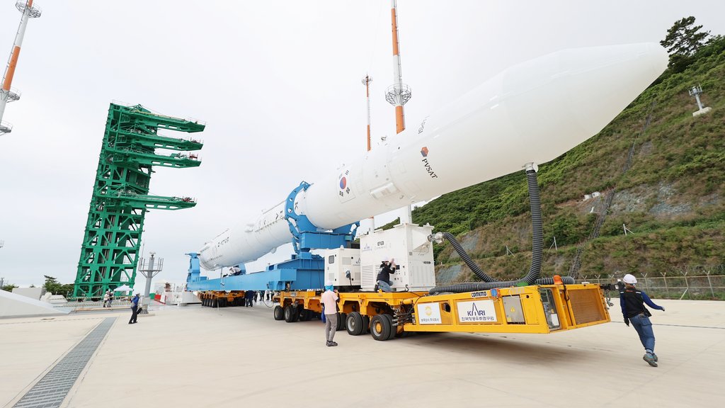 This photo provided by the Korea Aerospace Research Institute on June 15, 2022, shows South Korean space rocket Nuri being transported to the launch pad at Naro Space Center in Goheung, some 470 kilometers south of Seoul. (PHOTO NOT FOR SALE) (Yonhap)
