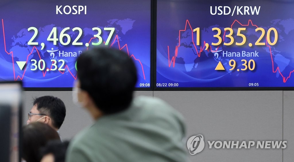 ハナ銀行本店のディーリングルームに取引時間中の株価指数や為替レートが表示されている＝２２日、ソウル（聯合ニュース）