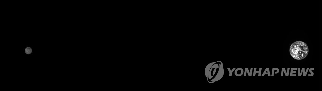 Cette photo prise par une caméra du Korea Pathfinder Lunar Orbiter (Danuri) et fournie par l'Institut coréen de recherche aérospatiale (KARI), le jeudi 1er septembre 2022 montre la Lune (à g.) et la Terre. (Revente et archivage interdits)