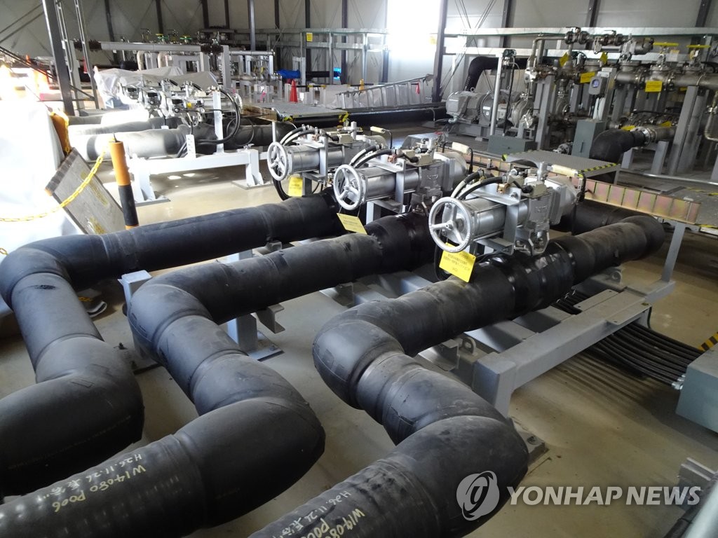 This file photo shows the pump facilities for transferring contaminated water after purification using the advanced liquid processing system at Fukushima Daiichi Nuclear Power Station of Tokyo Electric Power Co., unveiled to foreign reporters on Feb. 2, 2023. (Yonhap)