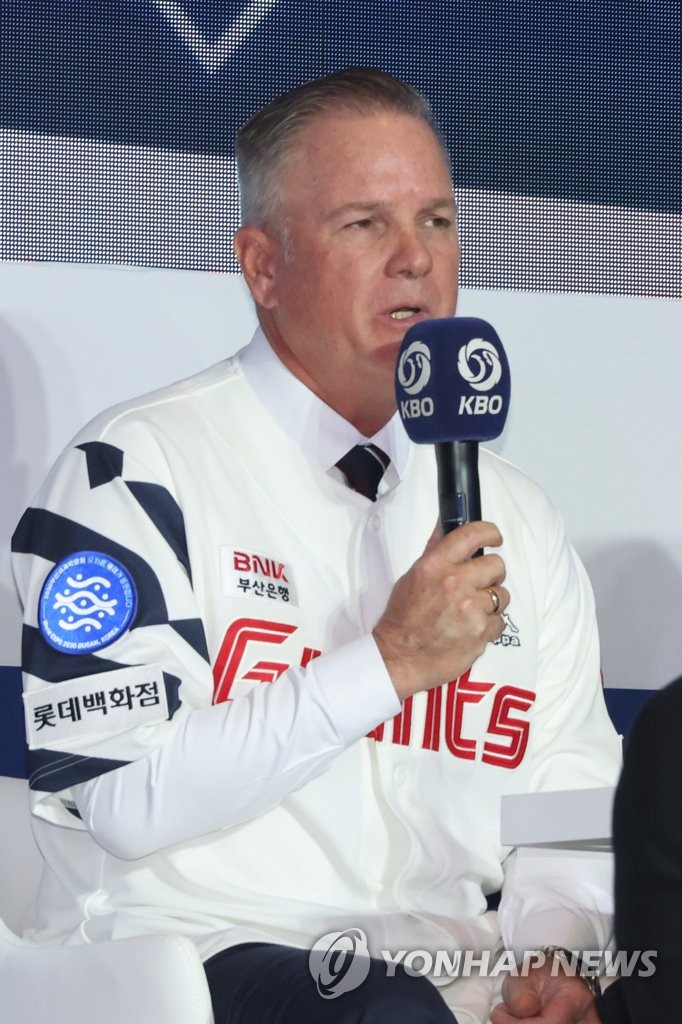 Lotte Giants manager Larry Sutton speaks during the Korea Baseball Organization media day in Seoul on March 30, 2023. (Yonhap)